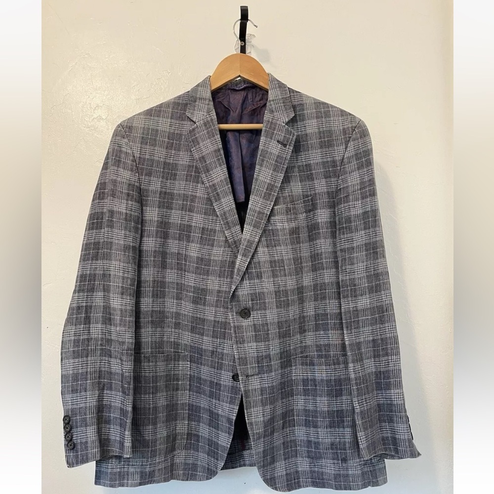 Ted Baker Endurance Blazer Men 44R Linen Gray‎ Plaid Sport Suit Blazer